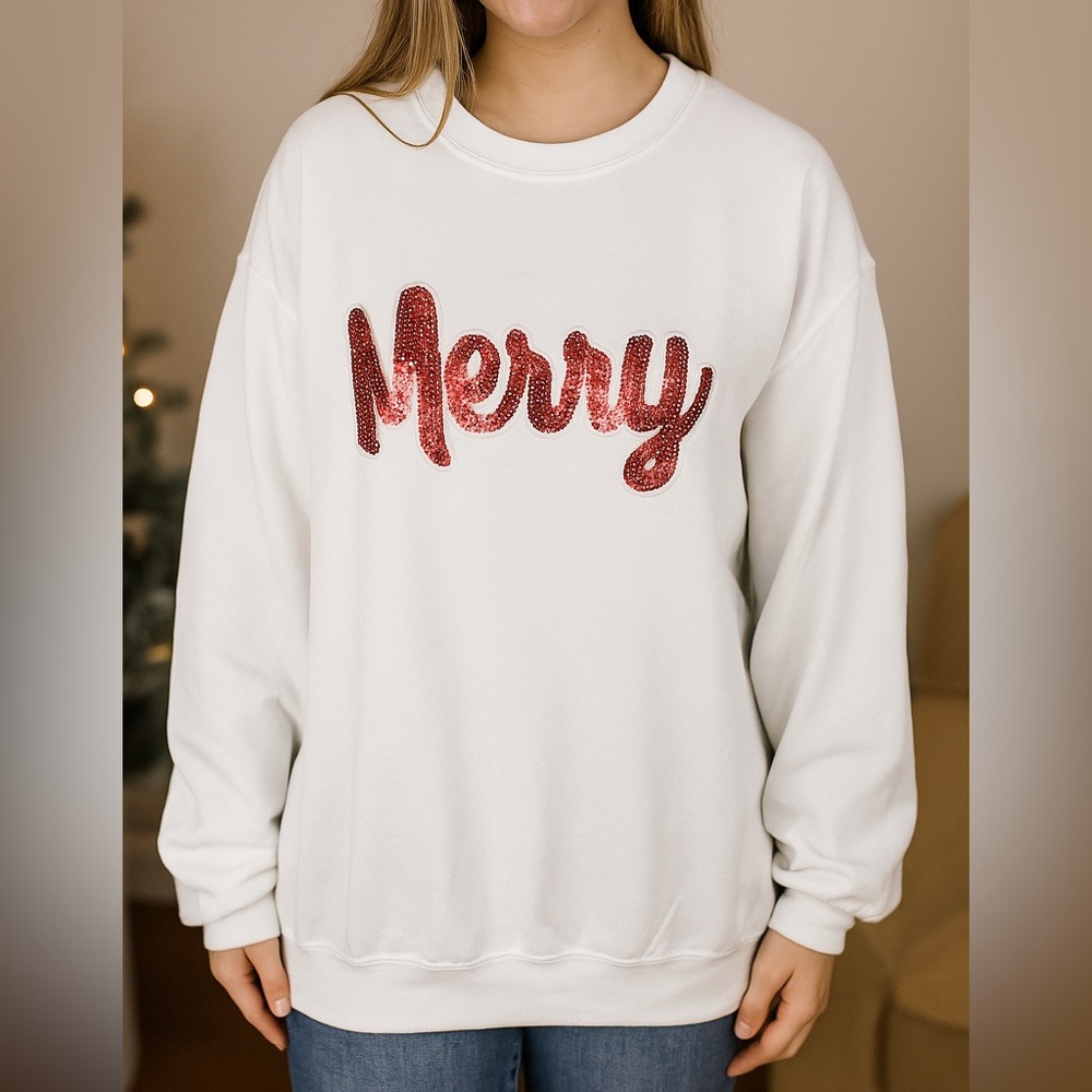 White Christmas Sweater with Red sequin sparkle 'Merry' Design size XL